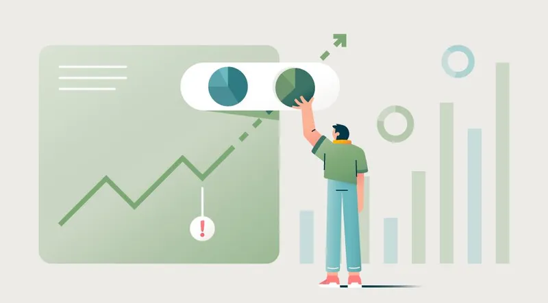 Illustration of a person interacting with a pie chart with more charts in the background