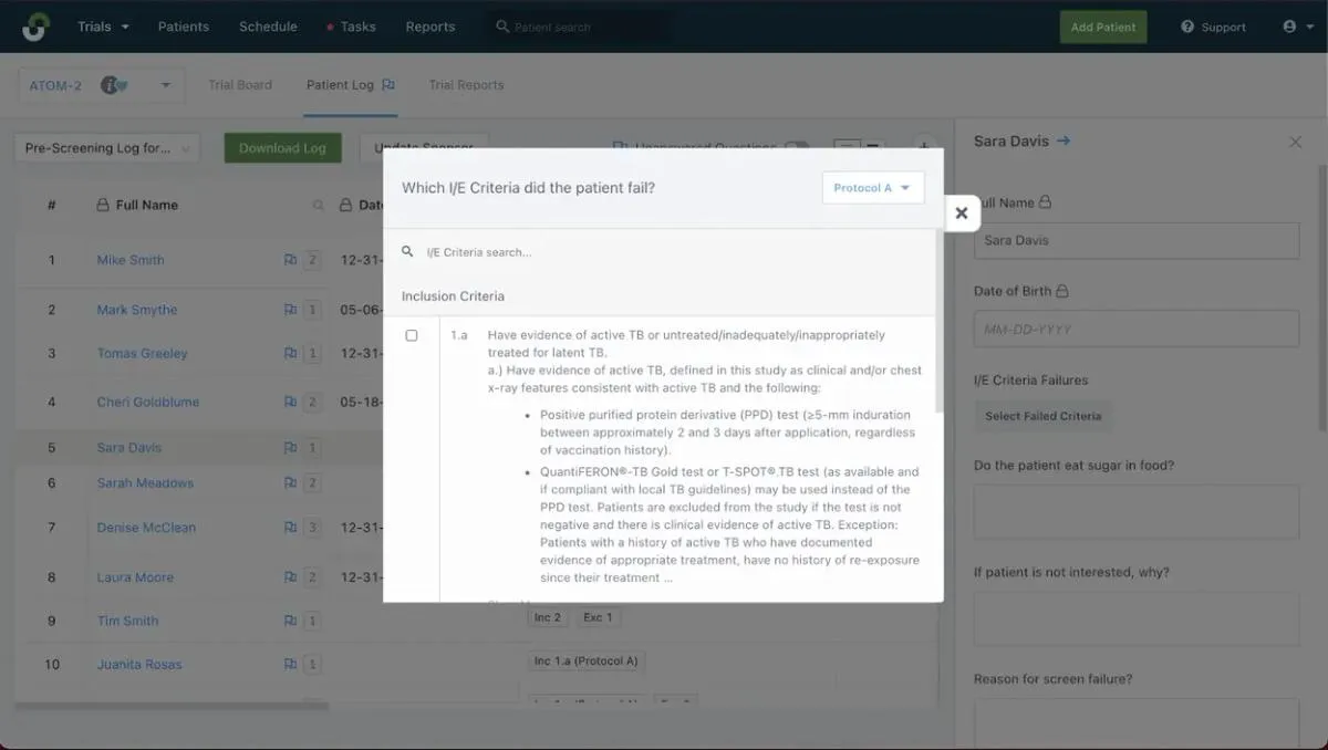 StudyTeam’s I/E criteria features allow for quick and systematic pre-screening.