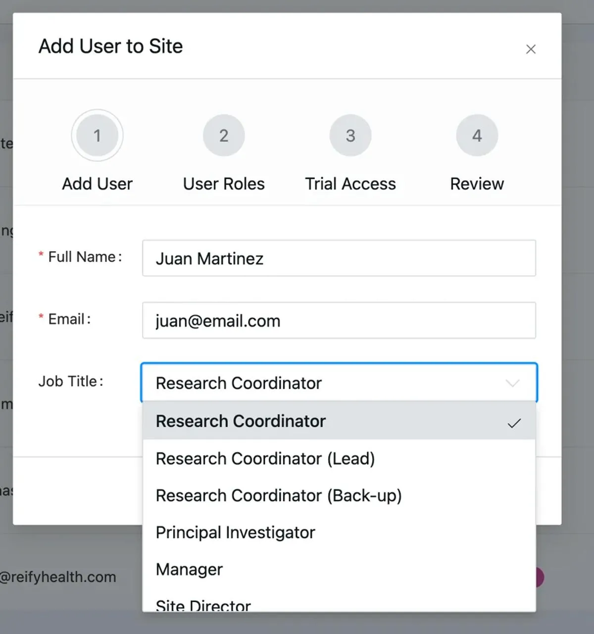 Add user to site modal