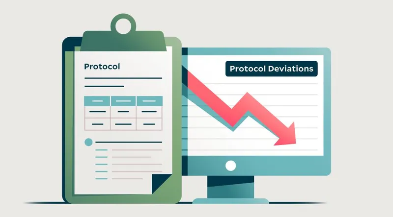 Illustration of a clipboard with a protocol on it in front of a screen displaying a chart showing a decrease in protocol deviations