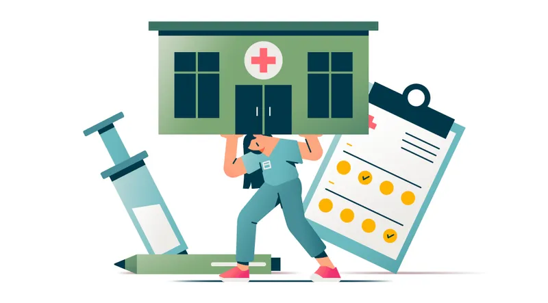 Illustration of a staff member holding up a building