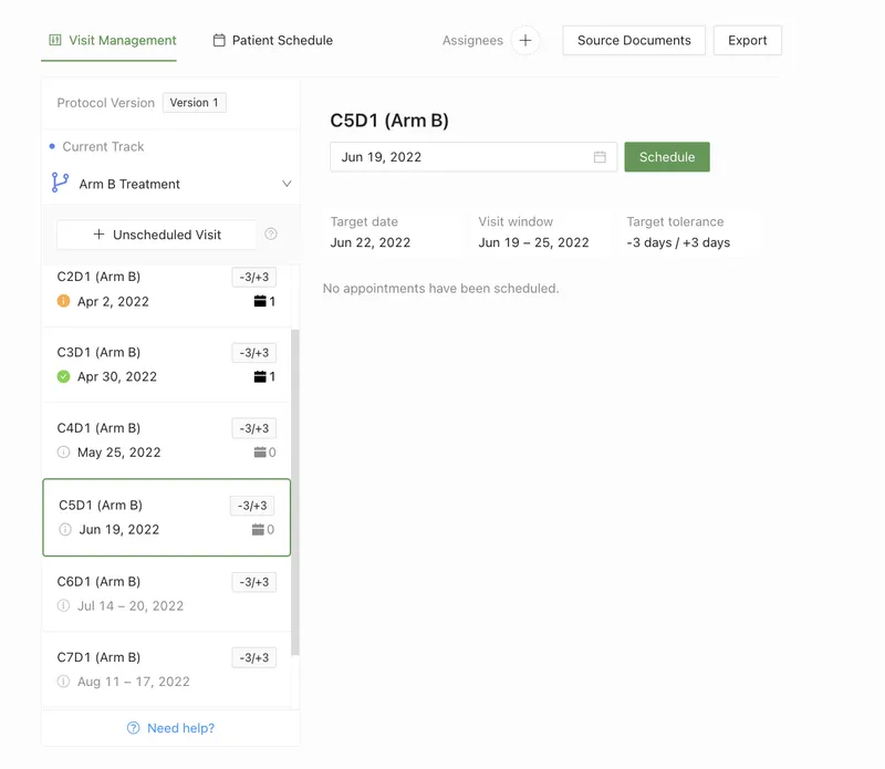 Screenshot of visit management in StudyTeam