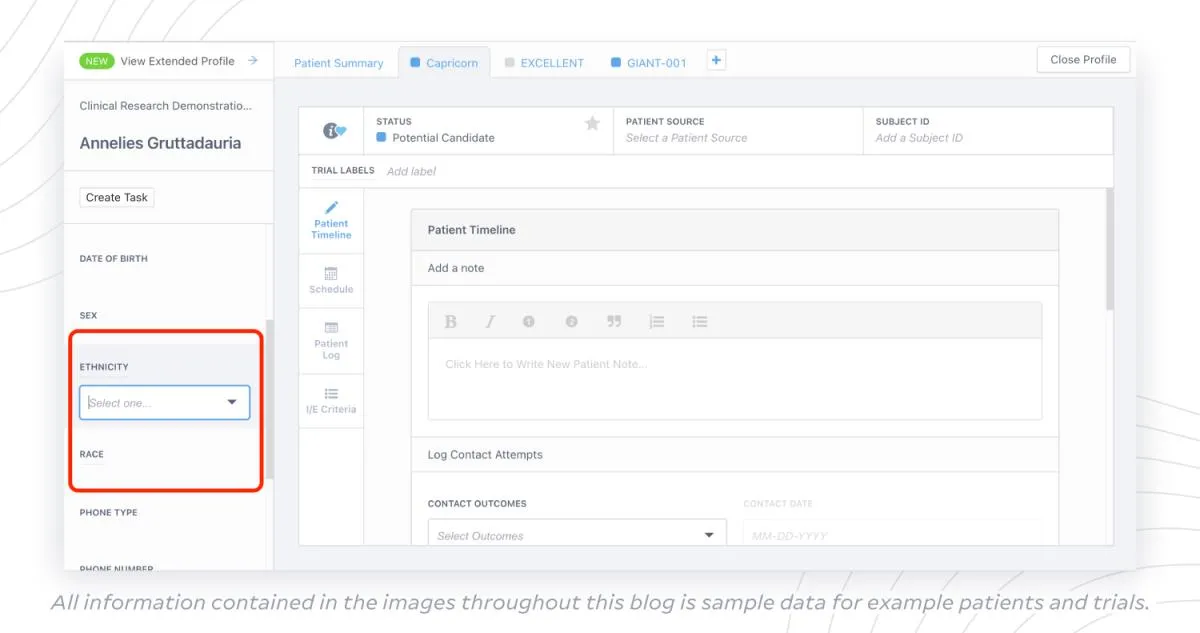 Screenshot of a patient profile