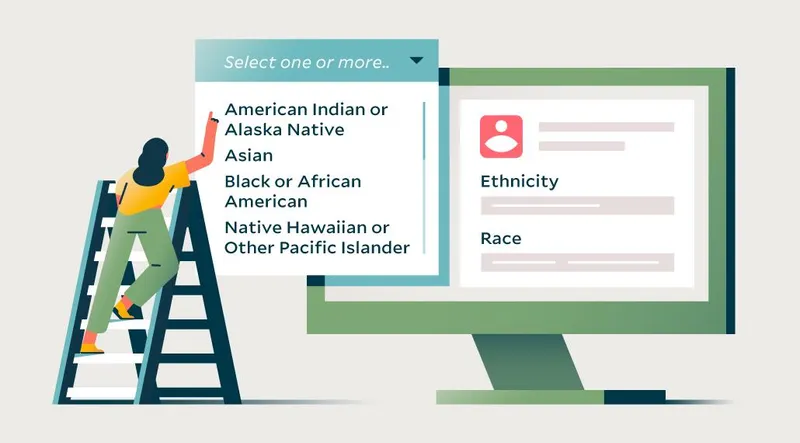 Illustration of a woman climbing a ladder to select an option from a list of races