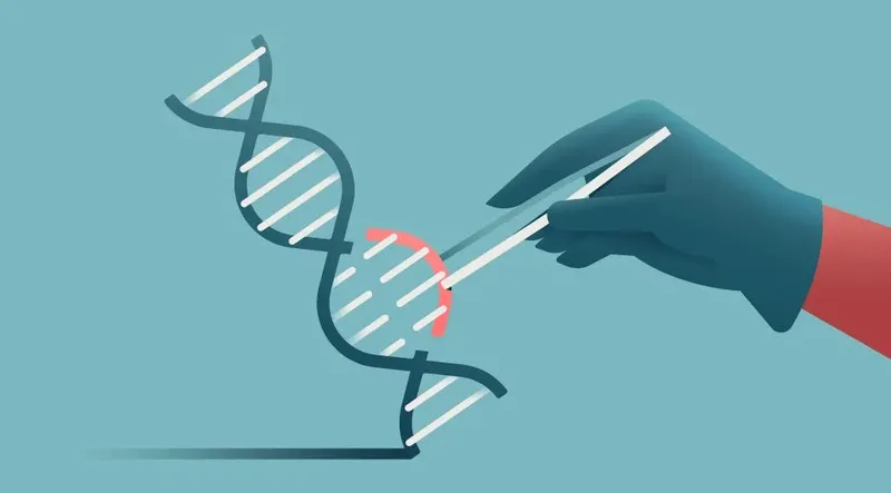 Hand with tweezers selecting a segment of DNA