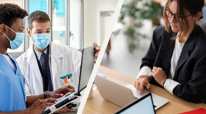 Split image with two doctors in masks on one side and a woman on the other indicating communication over a distance
