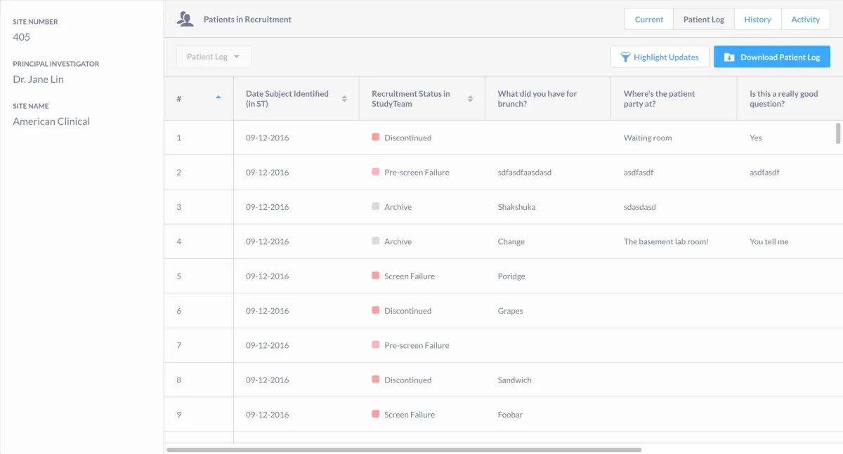 Screenshot of patient log