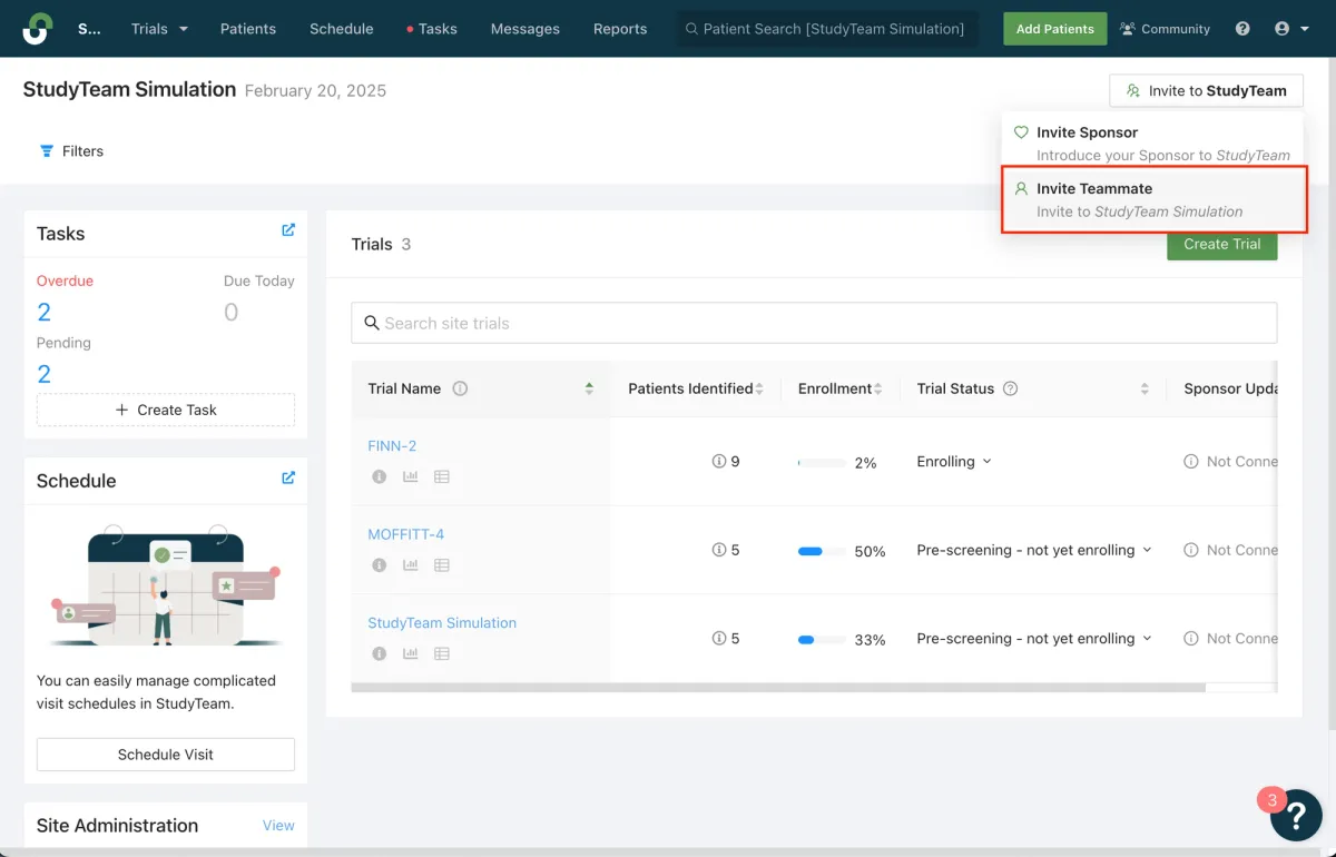 Screenshot of StudyTeam with Invite Teammate dropdown item highlighted