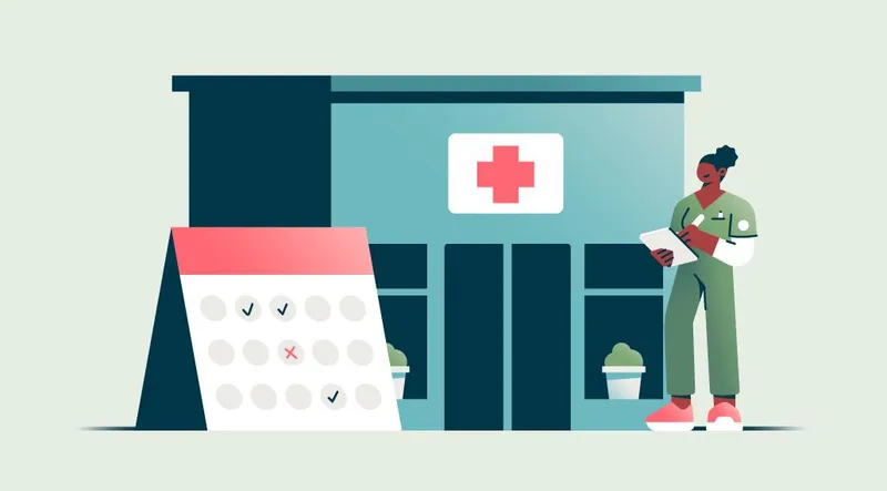 Illustration of a staff member and a calendar outside of a site